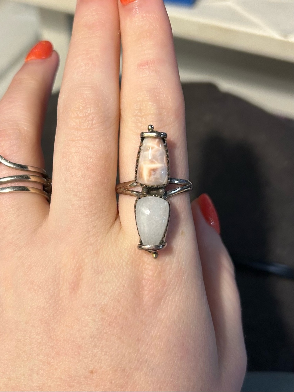 Double Stone Sterling Silver Ring in Cream & White